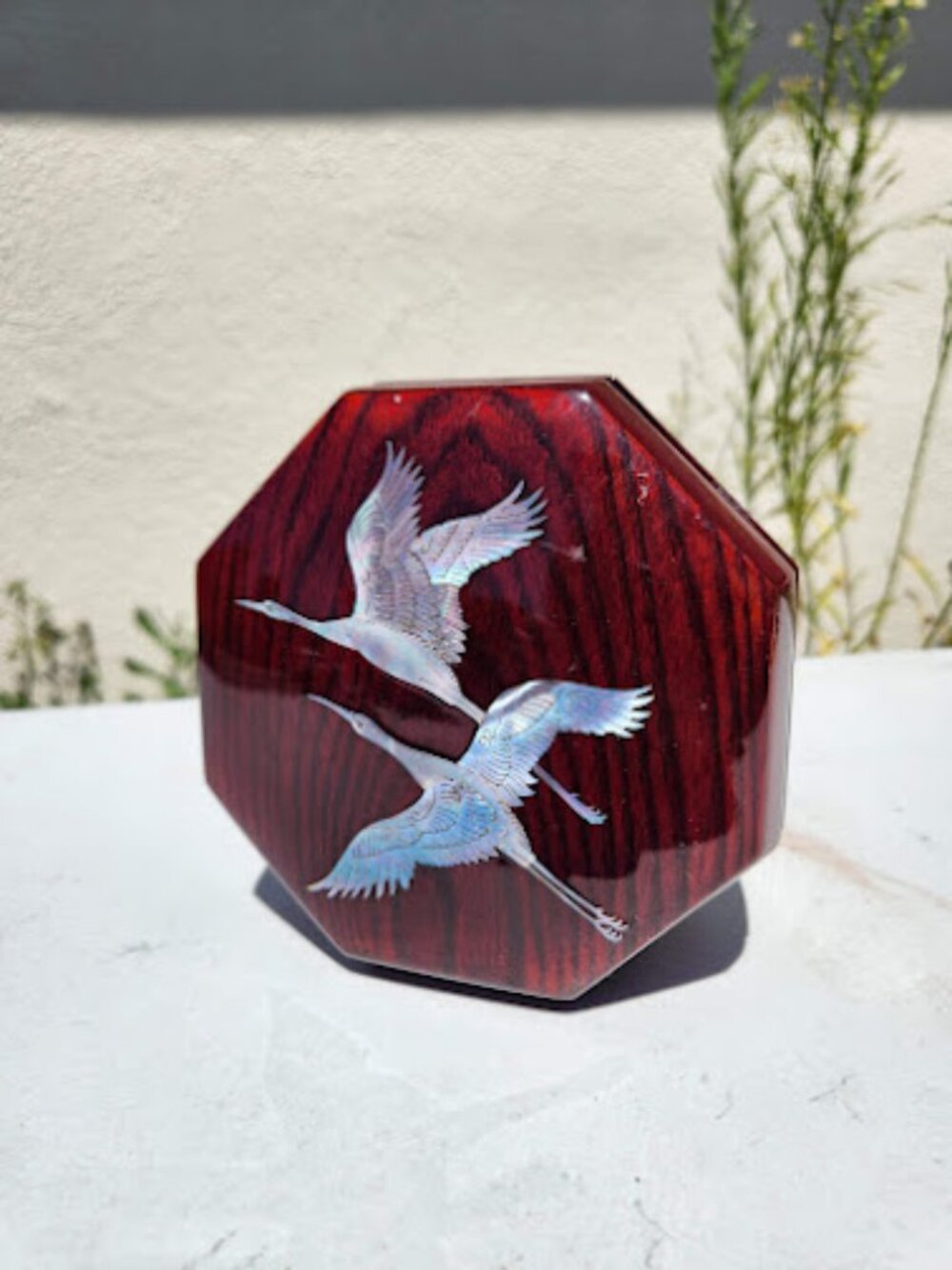 Korean Lacquerware Octagonal Lidded Box Mother-of-Pearl Inlay Flying Cranes Gift